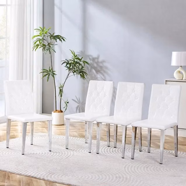 Set di 4 sedie da pranzo in PU bianco con gambe in metallo argento