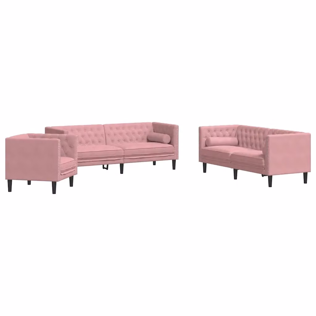 Set di Divani Chesterfield vidaXL in Velluto Rosa con Cuscini, composto da un Divano a 3 posti e un Divano a 2 posti con Struttura in Legno Solido – 2
