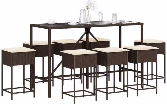 Set Bar da Giardino 9 pz con Cuscini in Polyrattan Marrone 3261471