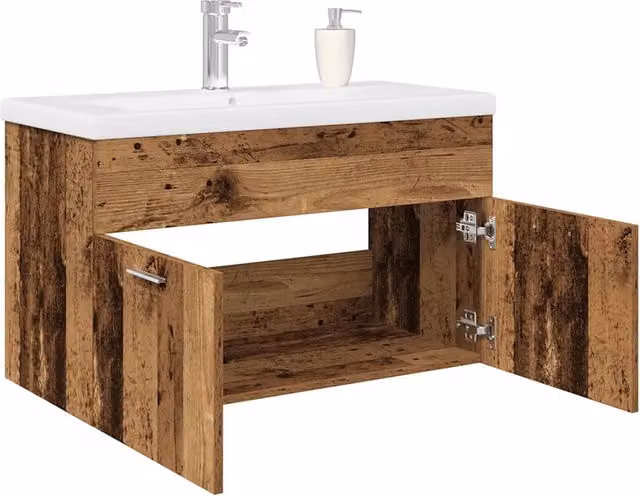 Mobile da bagno sospeso vidaXL in legno rustico bianco e marrone con ante a cerniera e cassetti interni
