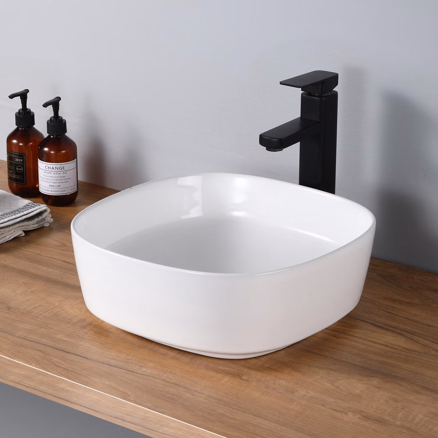 Lavabo da appoggio, bianco, quadrato, 37,5x37,5x13,5 cm, in Vetroceramica