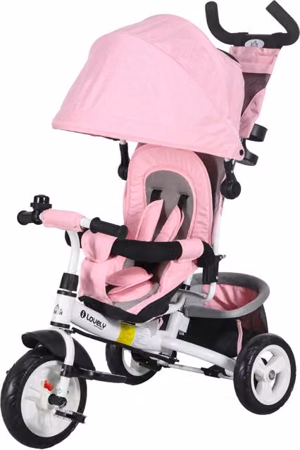 Triciclo per Bambini 1-5 Anni 102x49x102 cm con Maniglione e Tettuccio Regolabile Bianco e Rosa