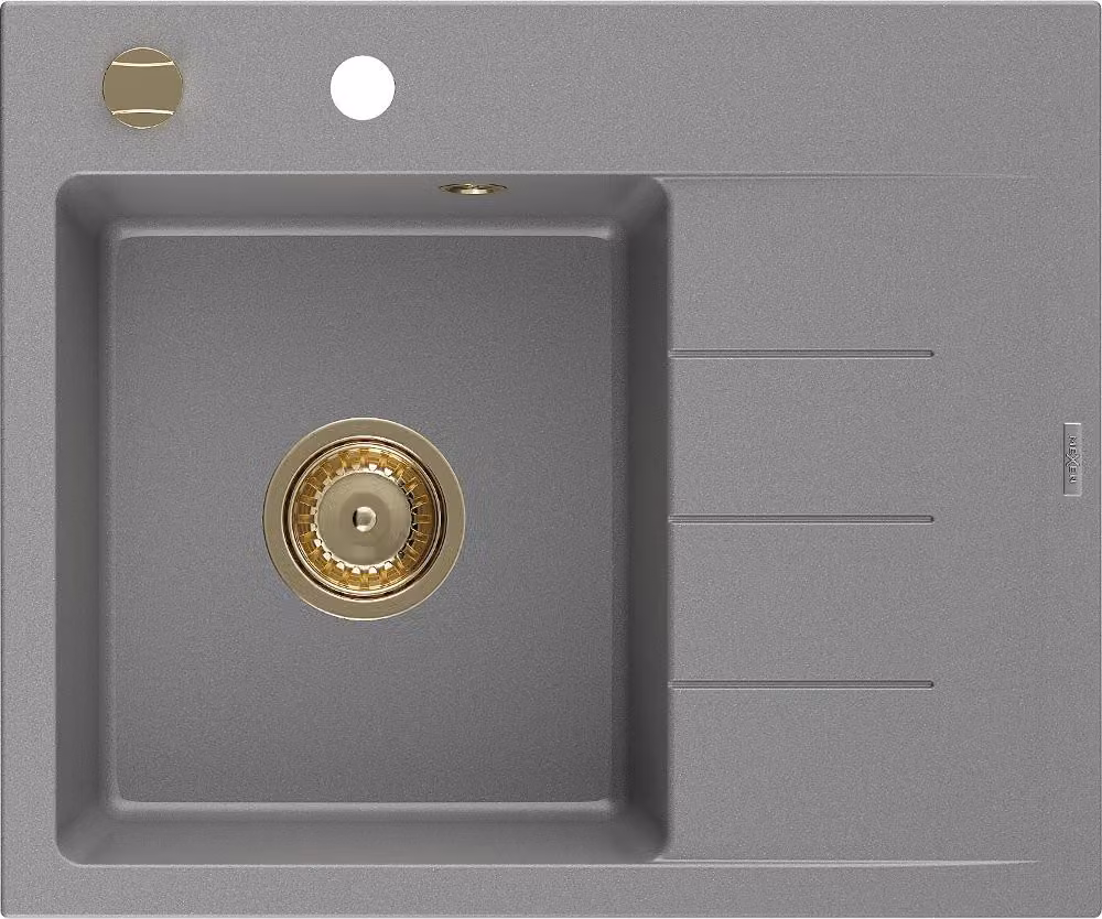 Mexen Ben lavello in granito 1-vasca con sgocciolatoio, sinistro 600 x 500 mm, grigio, sifone dorato - 6522605000-71-G