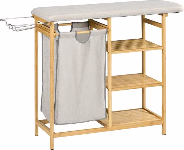 HOMCOM Cestino Portabiancheria in Bambù e Poliestere con Asse da Stiro e Ripiano a 3 Livelli, L/P/H: 113 x 34 x 82 cm – 1