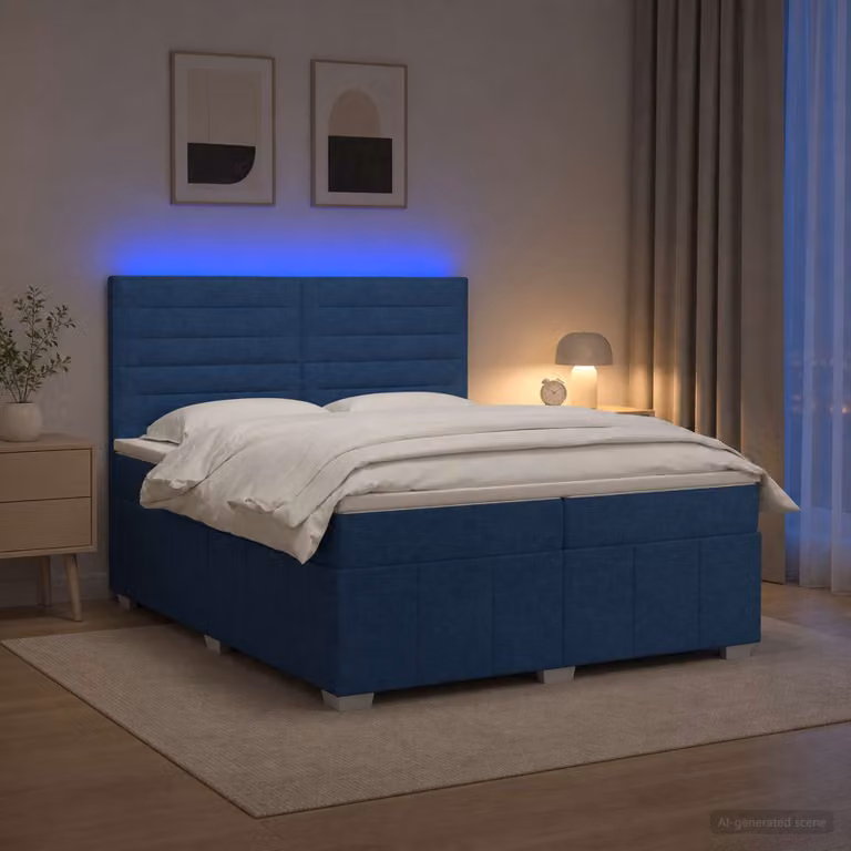 Letto Box Spring vidaXL con Materasso Blu e Bianco, Illuminazione LED e Porta USB, L/P: 200 x 200 cm