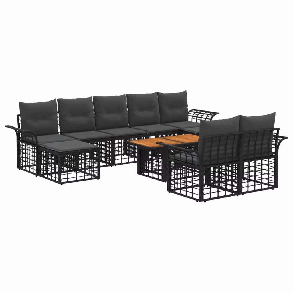 Set Divano da Giardino vidaXL 10 Pezzi in Polyrattan Nero e Grigio con Tavolino, Elementi Angolari e Ottoman con Cuscini – 2