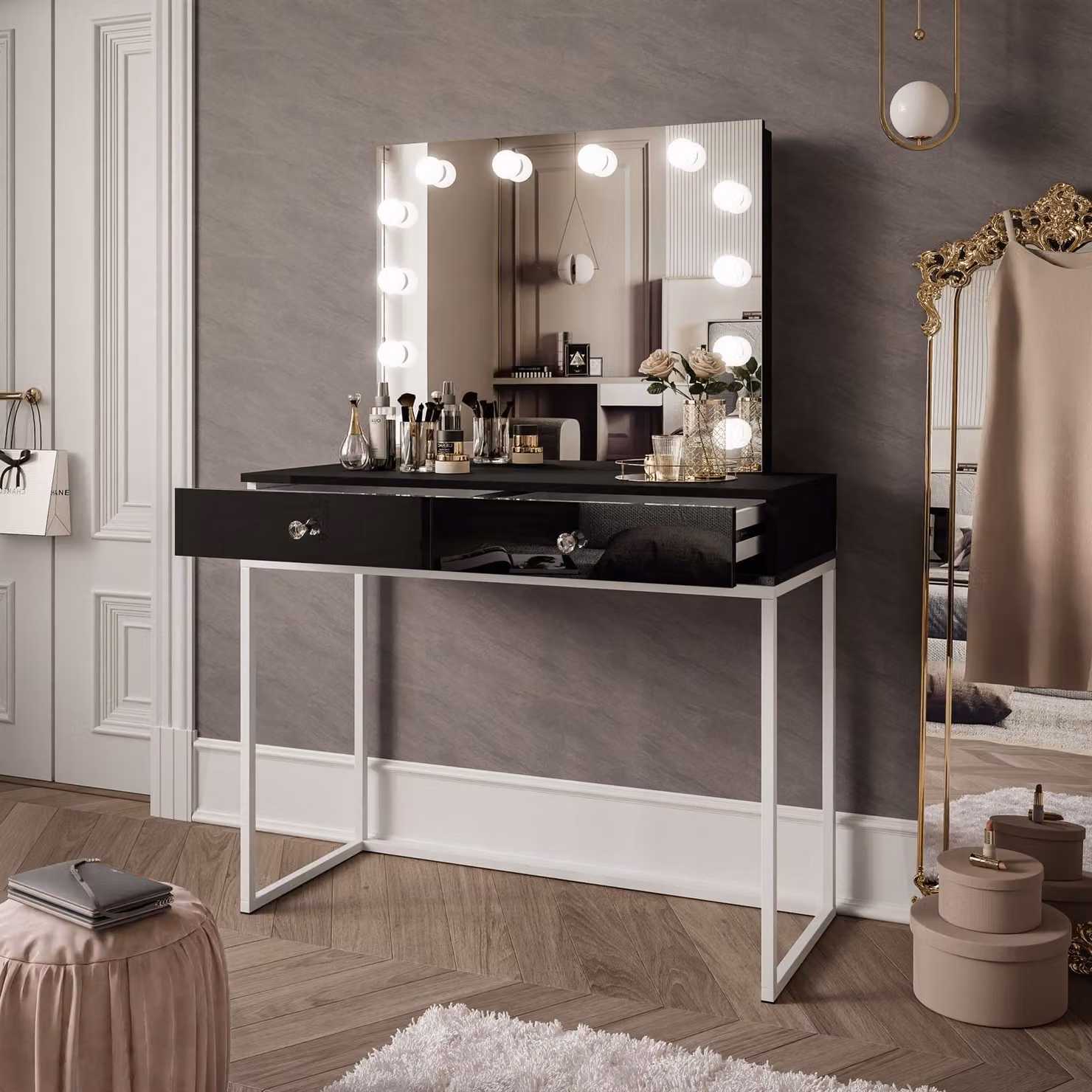 Tavolo da trucco BLANCO LOFT ELITE con specchio e illuminazione Bianco / Nero lucido Maniglia in cristallo bianco
