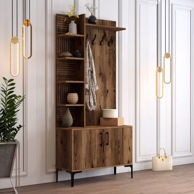 DMORA Mobile da Ingresso Moderno con Ante a Battente e Ripiani Interni, Marrone e Nero, L: 90 cm, P: 35 cm, H: 200 cm – 1
