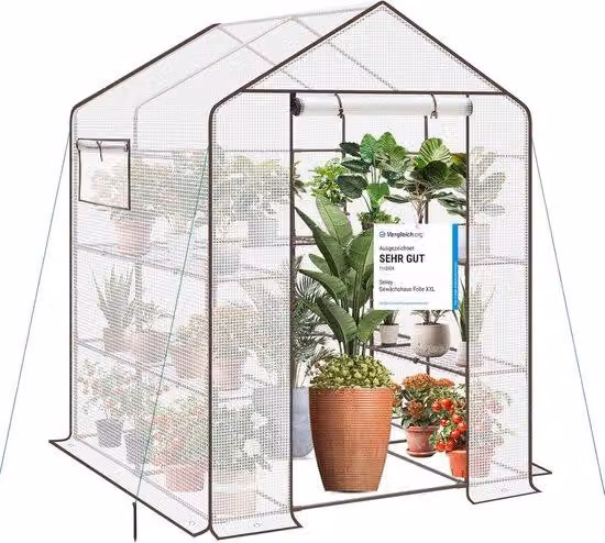 Telo per serra XXL 200 x 145 x 145 cm per la coltivazione dei pomodori, con 10 ripiani; copertura in PVC resistente, adatta all'inverno, colore bianco