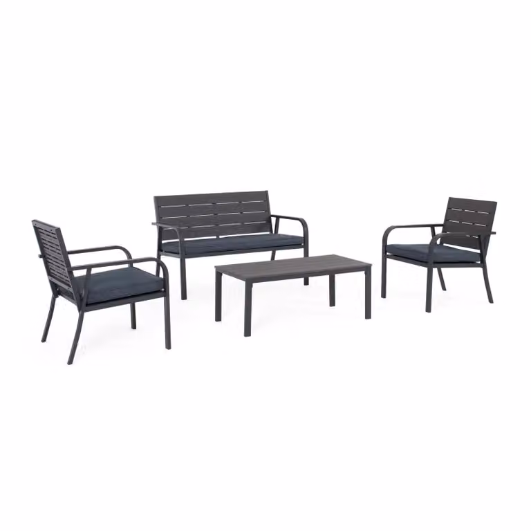 Set salotto da giardino VALENCIA antracite effetto legno, con 1 divano, 2 poltrone e 1 tavolino, con cuscini