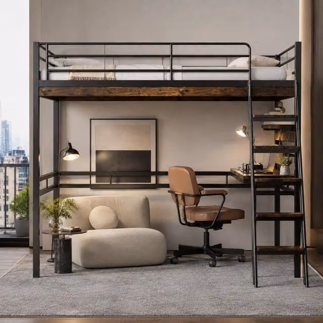 Letto a soppalco 90x200 cm con scrivania; scaffali e scala in metallo e MDF nero