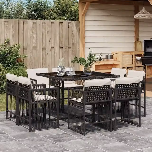 Set da Pranzo da Giardino 9 pz con Cuscini Nero in Polyrattan 3211734