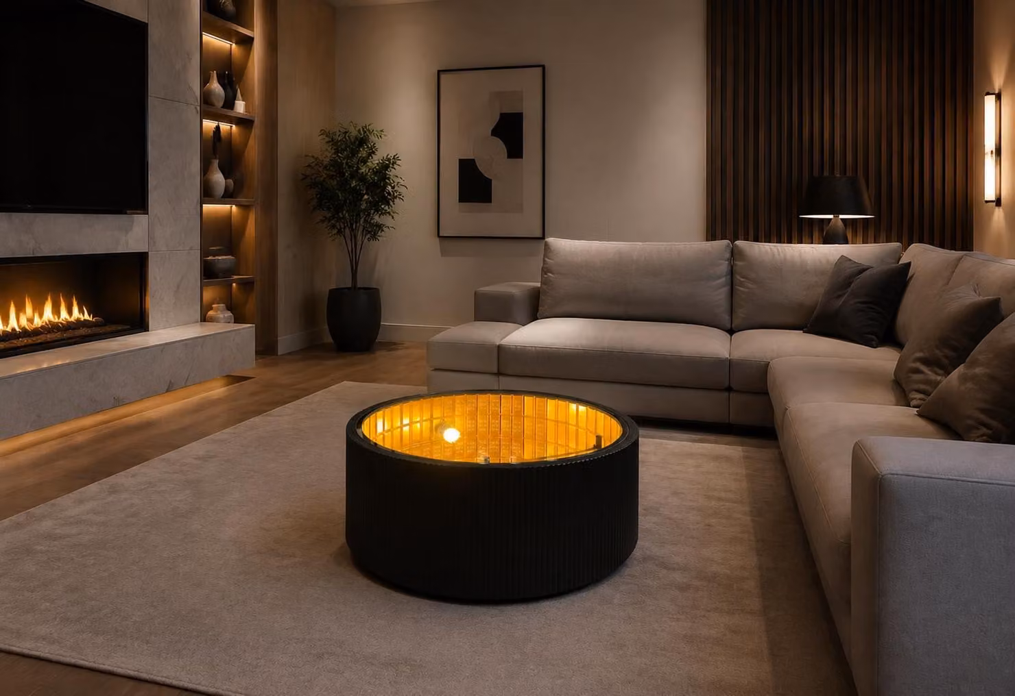 Tavolino da caffè con illuminazione LED, nero, rotondo, per soggiorno