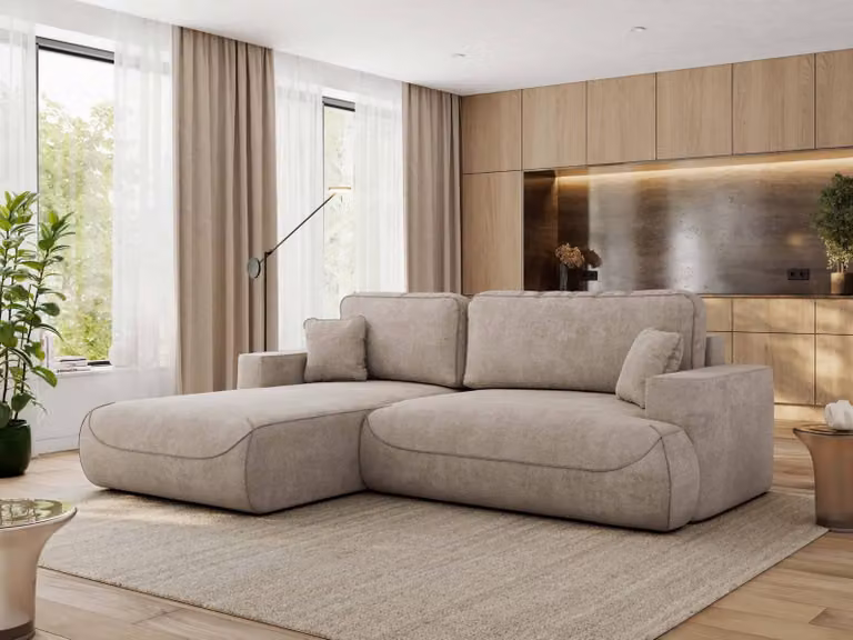 MKS MEBLE divano angolare OVO con funzione letto e box letto, struttura beige, divano a L, divano angolare a 4 posti, 271x195x95 cm - lato sinistro