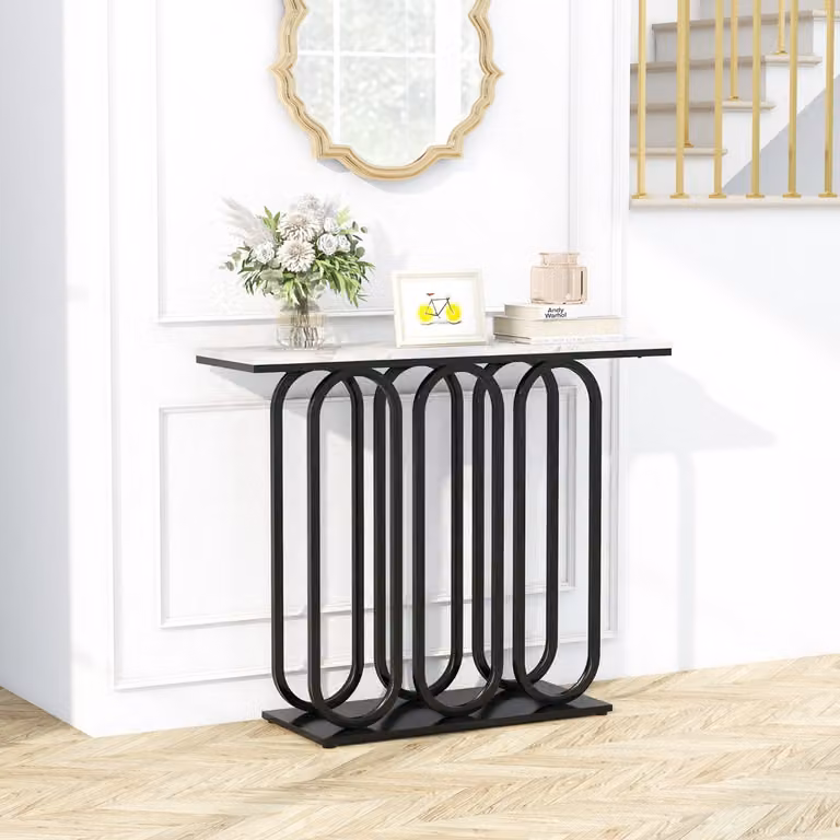 Costway Tavolo consolle moderno con piano effetto marmo nero e struttura in metallo per ingresso e ufficio, L: 100 cm