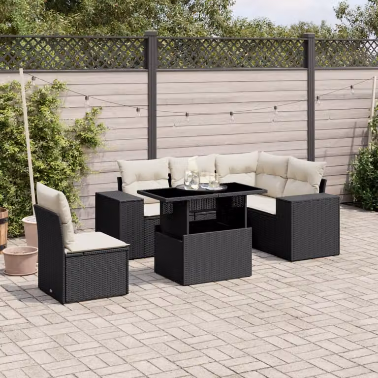 Set Divano da Giardino a L vidaXL in Polyrattan Nero con 6 Pezzi e Cuscini