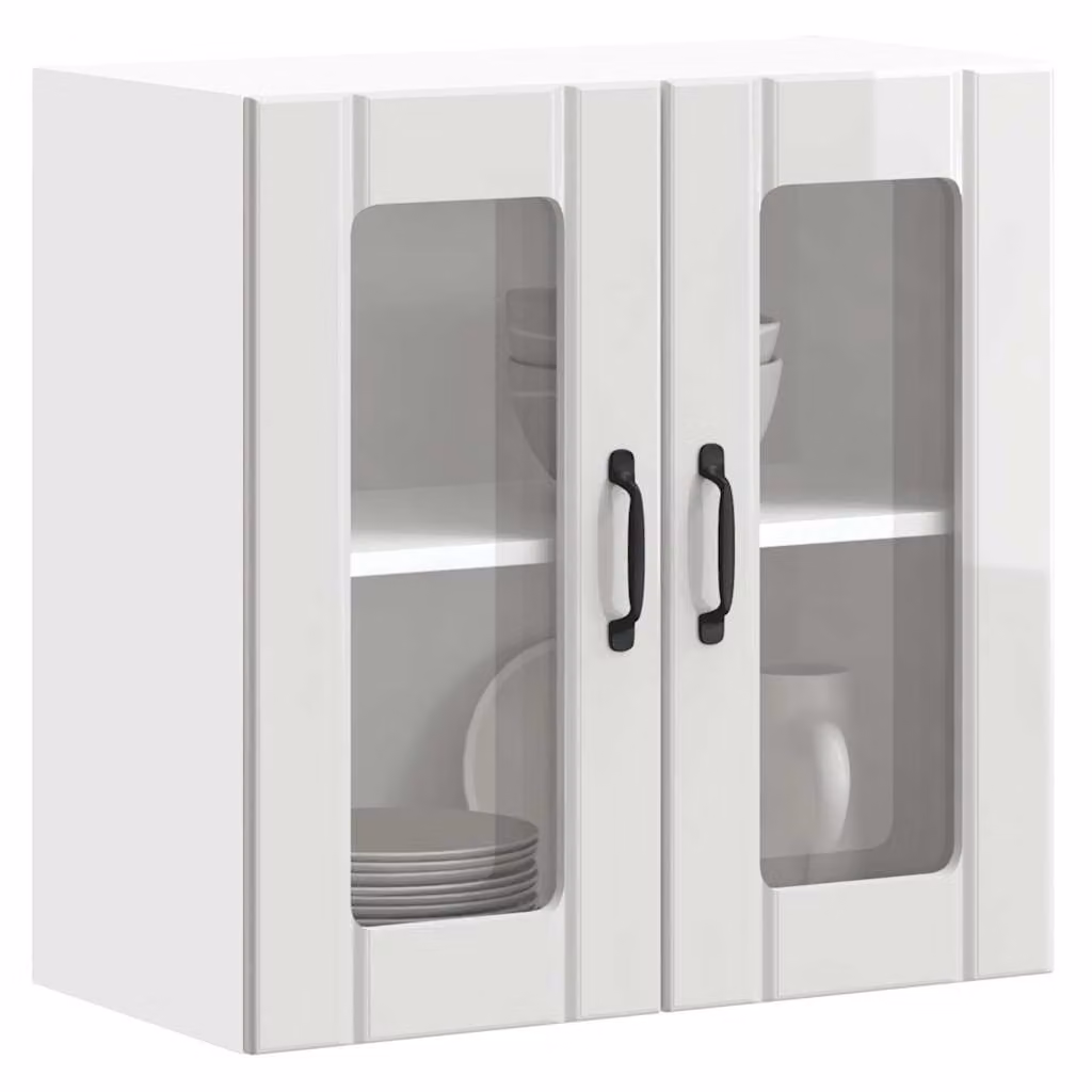 Pensile da cucina moderno vidaXL Lucca bianco lucido con ante in vetro e struttura in legno e MDF, L: 60 cm, H: 60 cm, P: 31 cm