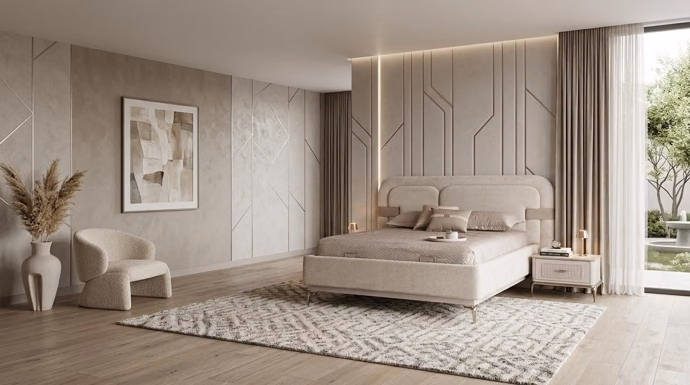 Set di due comodini beige moderni ideali per un letto matrimoniale