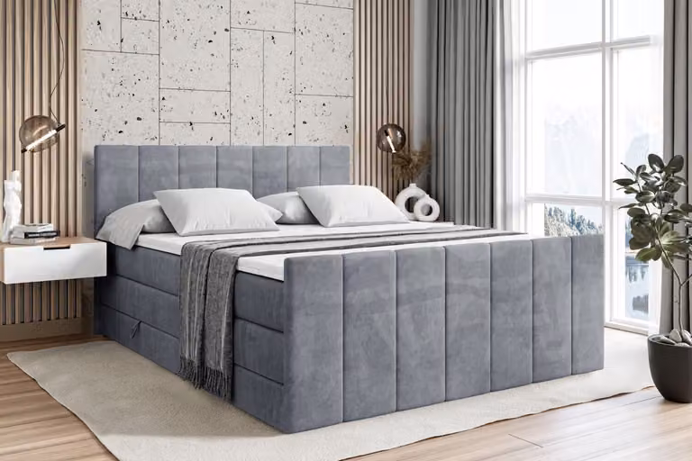 Letto boxspring ALTDECOR con pediera, 2 materassi e topper - 180x200 cm - MOETI-Z KING - Velluto grigio - Letto imbottito con materassi H3 e H4, contenitore e rete a doghe, letto con spazio contenitivo