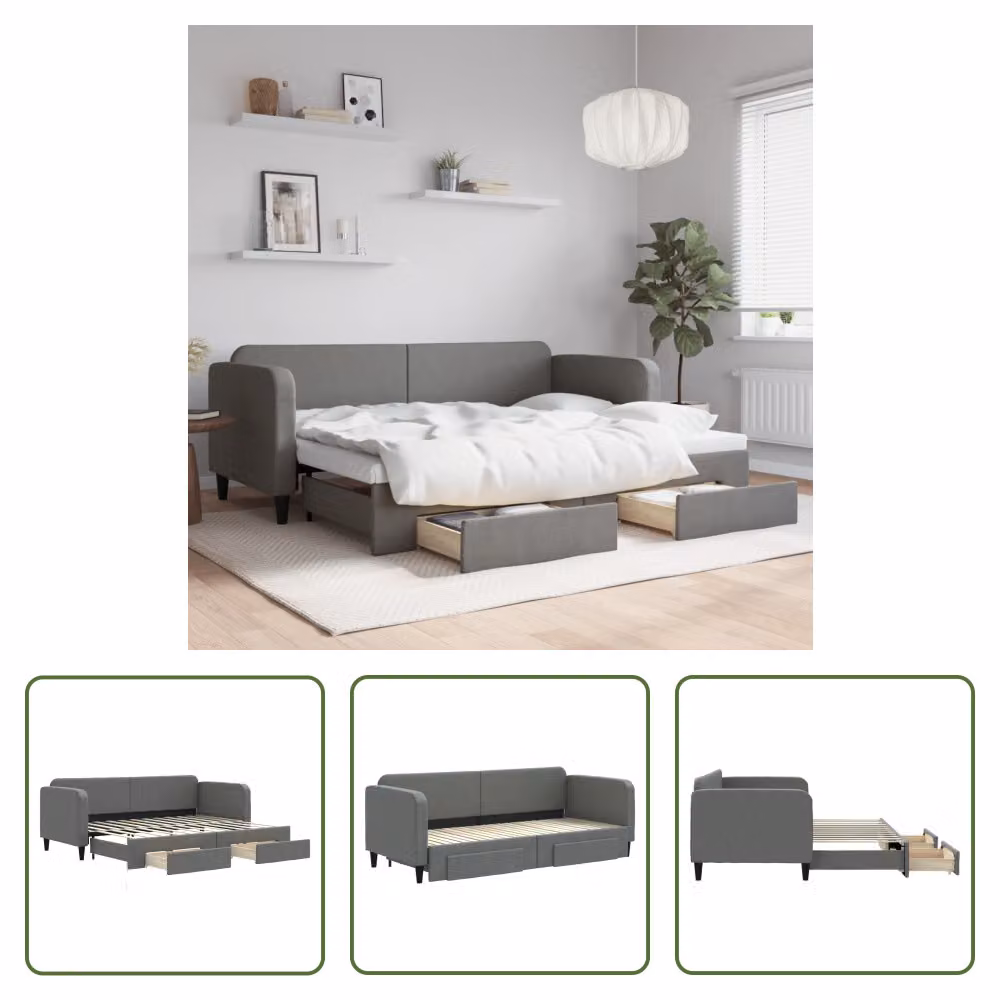 The Living Store Letto da giorno allungabile con cassetti grigio scuro 80x200 cm tessuto