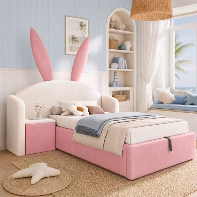 Letto singolo ULEVR 90x200 cm con contenitore idraulico e comodino reversibile, velluto beige e rosa