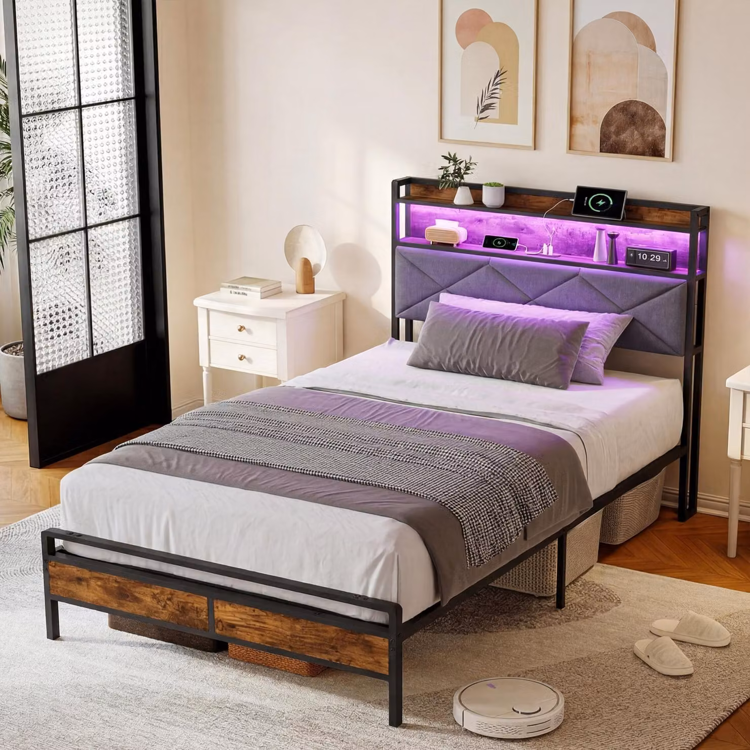 UnboxG 90x200 cm, struttura letto in metallo e legno con LED RGB, testiera con vano portaoggetti e stazione di ricarica USB, venature scure / grigio