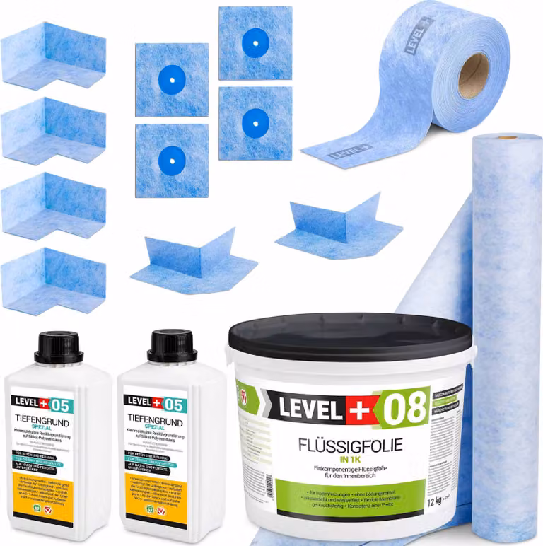 Kit di impermeabilizzazione Pellicola liquida 12 kg Nastro sigillante 20 mb Primer 2L Mat 2 mb Level+ SET41