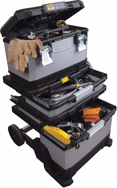 Carrello da lavoro Stanley in metallo e plastica grigio con ruote bloccabili e capacità di carico 50 kg