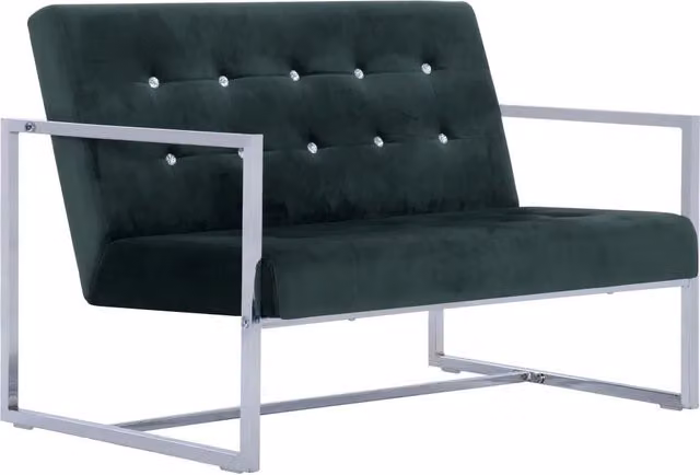 Divano a 2 Posti con Braccioli-Sofa 2 Posti Verde Scuro Cromato e Velluto