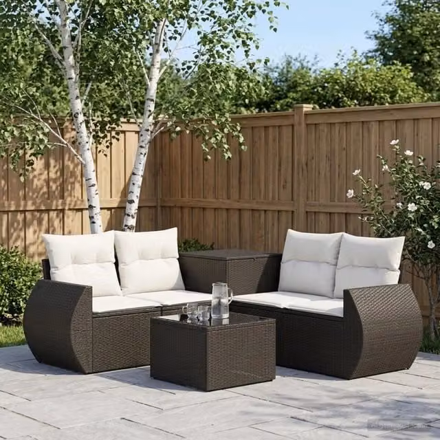 Set di divani da giardino a forma di U vidaXL in polyrattan nero e bianco con cuscini e tavolino da caffè – 1