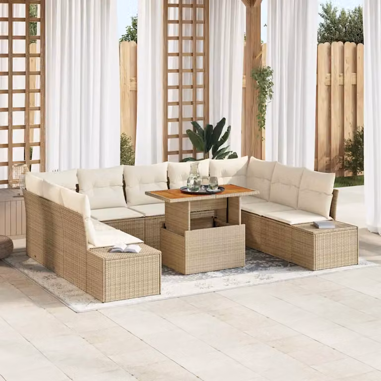 Set da pranzo da giardino moderno vidaXL in legno di acacia e rattan con cuscini beige e bianco