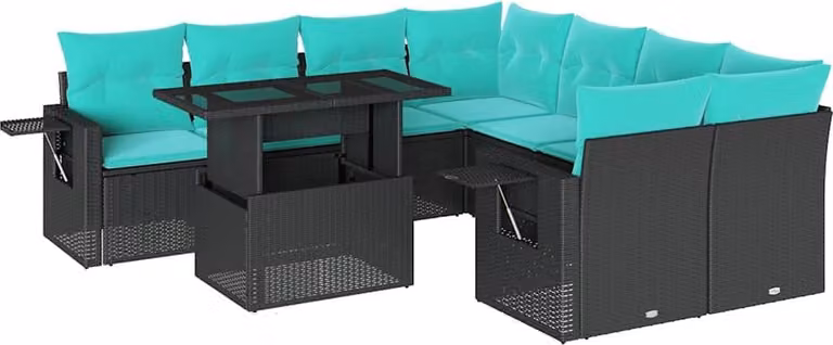 set di divani da giardino da 9 pezzi con cuscini, in polyrattan nero