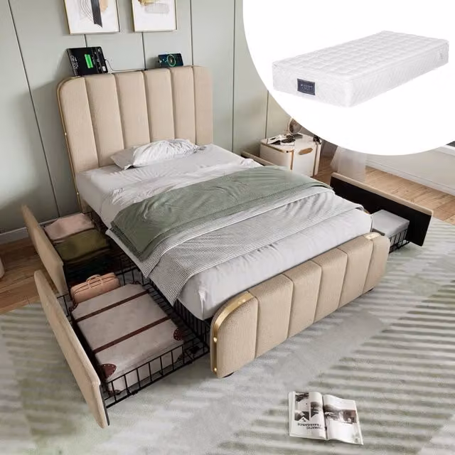 letto imbottito lino beige 90 x 200 cm