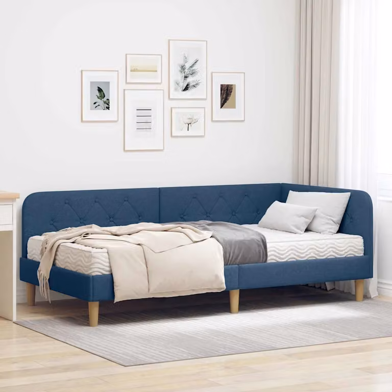 Letto ad angolo con chaise longue asimmetrica vidaXL in tessuto blu, L: 200 cm, P: 140 cm, H: 104 cm