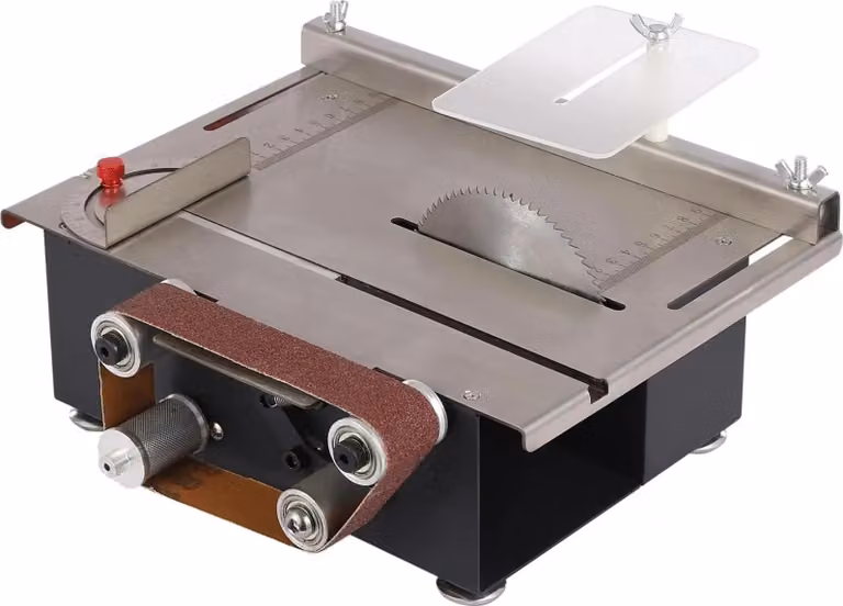 Mini sega da tavolo 2 in 1 - Sega circolare da tavolo e levigatrice a nastro - 7 livelli - 4 lame - 10 nastri abrasivi - Alimentazione a batteria (batteria non inclusa)