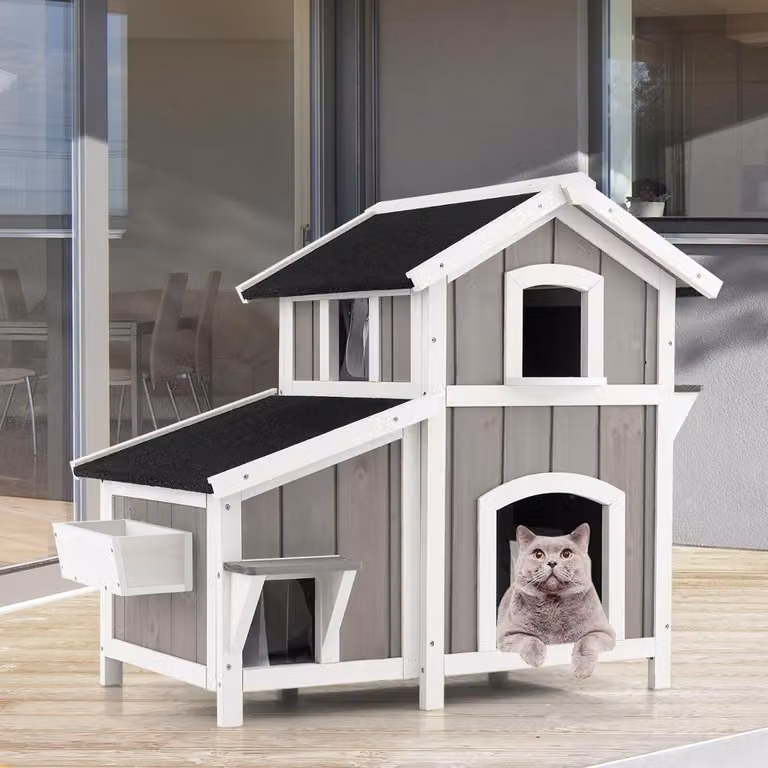 Casetta per gatti Costway in legno a 2 piani con decorazione floreale, modello da esterno resistente alle intemperie, Grigio e Bianco