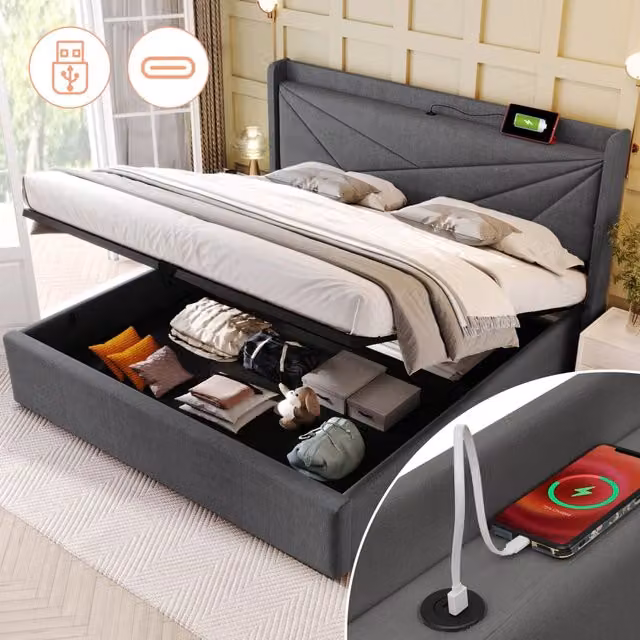 Letto matrimoniale 160x200 cm con contenitore; USB e Type-C; grigio
