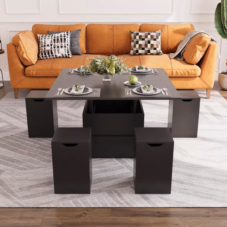 Tavolino da divano regolabile in altezza, con poggiapiedi, in legno nero, dimensioni 39,4" x 39,4"
