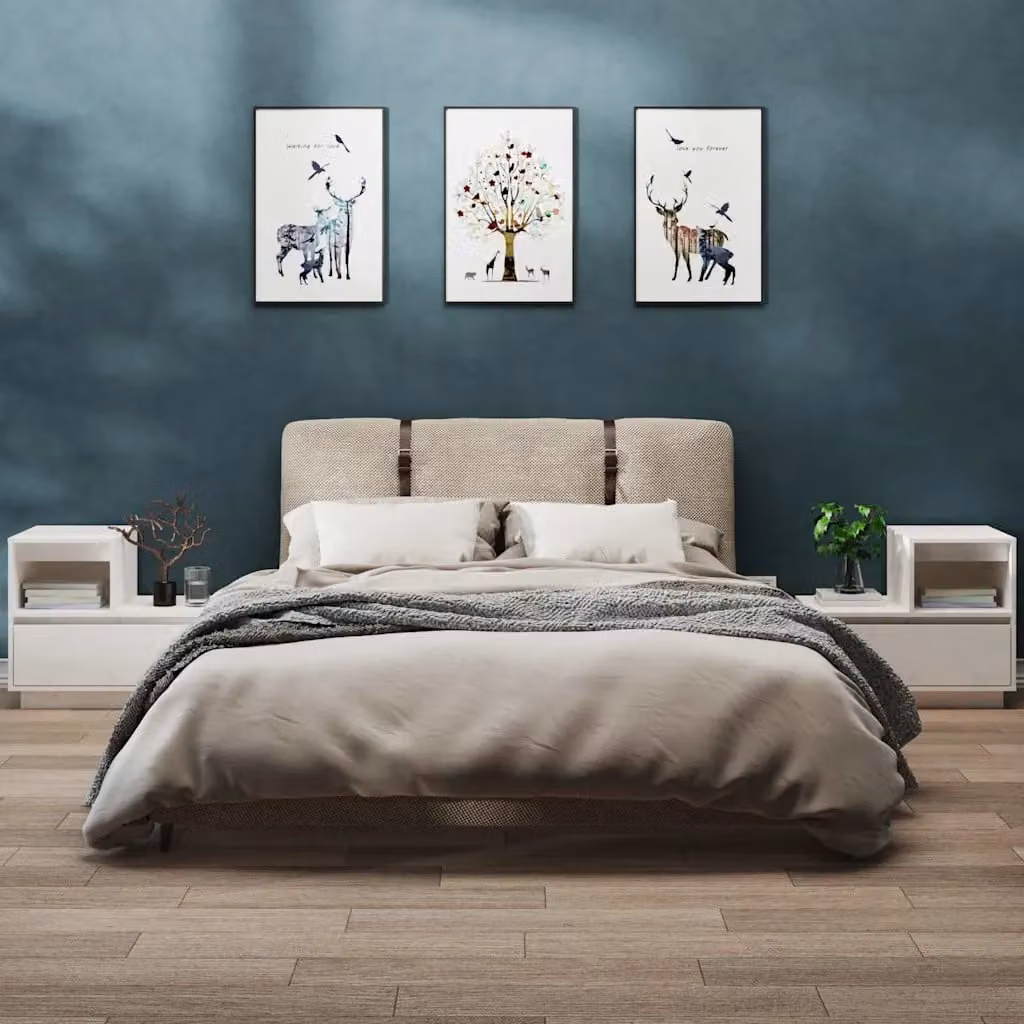 Set di 2 comodini bianchi vidaXL in legno massello di pino, modello moderno da appendere al muro, L: 60 cm, P: 34 cm, H: 51 cm