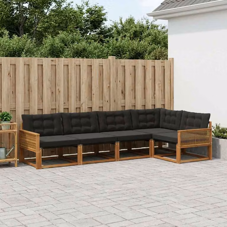Set di divani da esterno vidaXL 5 pz in legno di acacia con cuscini, colore naturale e nero