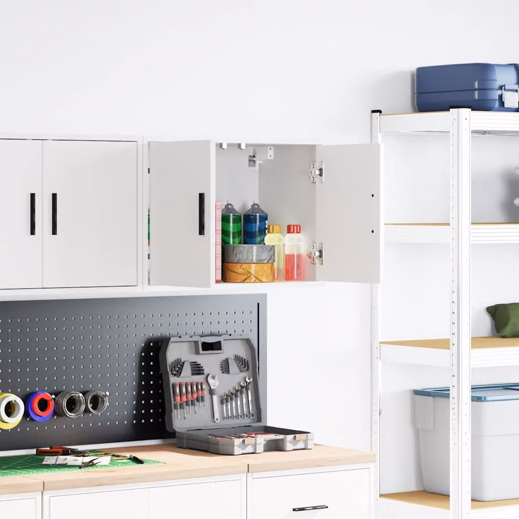 Pensile da garage vidaXL bianco in legno con ante a battente e ripiani interni