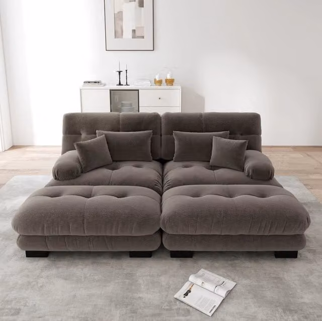 Divano modulare in ciniglia marrone con 2 pouf e cuscini HOMVRA