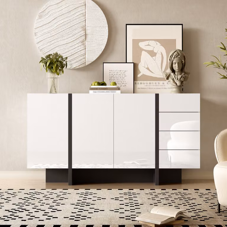 Credenza lucida Merax, credenza moderna con 2 ante e 4 cassetti, design elegante per soggiorno o sala da pranzo, bianco