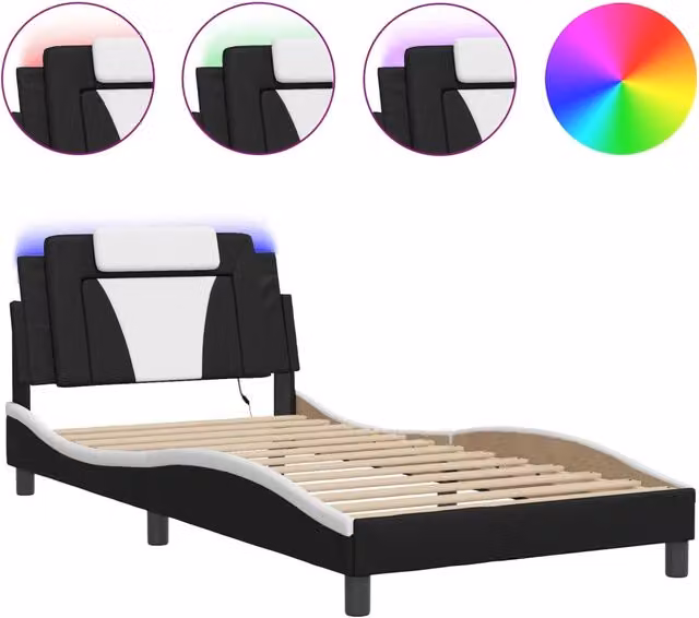 Letto singolo Viana con LED e porta di ricarica USB, Nero e Bianco, L/P/H: 100 x 200 cm – 1