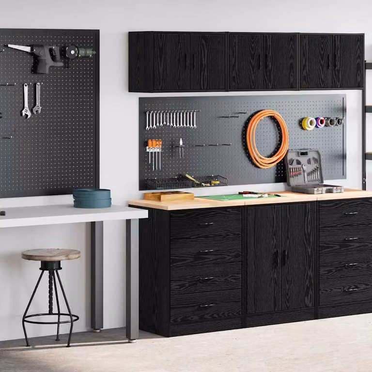 Set di 2 armadi da garage vidaXL neri in legno di pino e MDF con ante a cerniera e ripiani interni per montaggio a parete