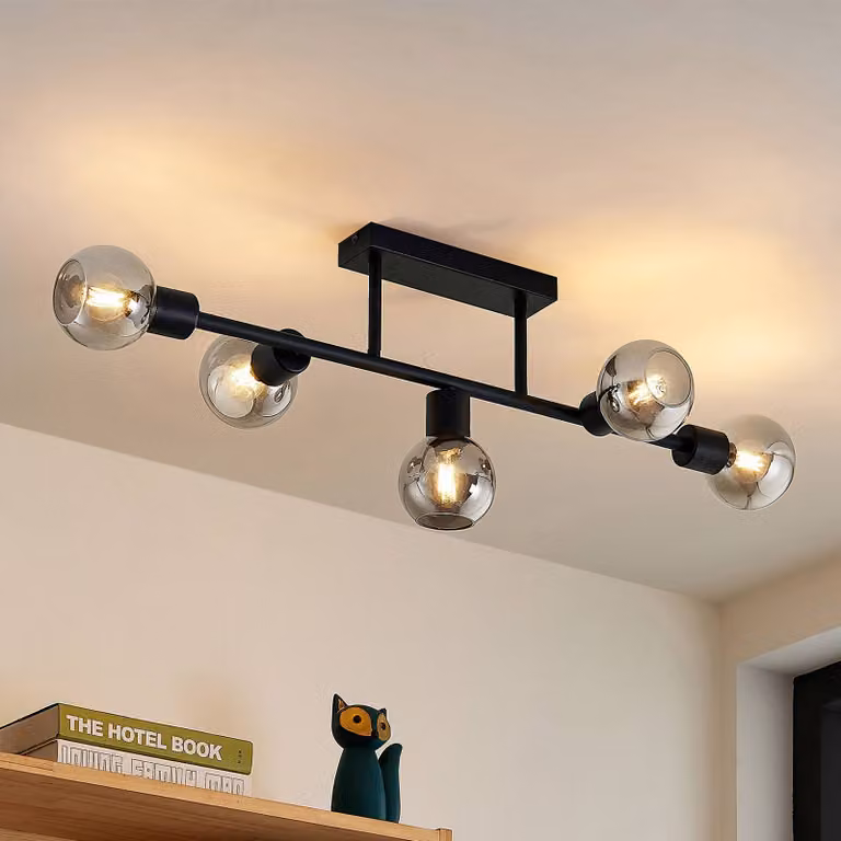 Plafoniera soffitto Biscala Lindby, dimmerabile, Nero, Soggiorno / Sala da pranzo, Metallo, Vintage, Plafoniera