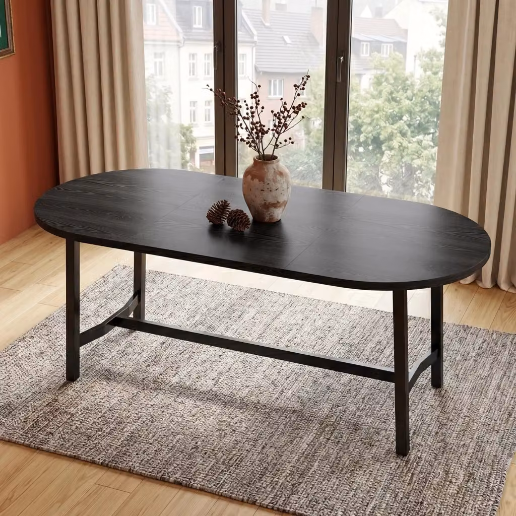 Tavolo da pranzo Singularty nero con piano ovale in legno e gambe in metallo, L: 180 cm, P: 80 cm, H: 75 cm – 2