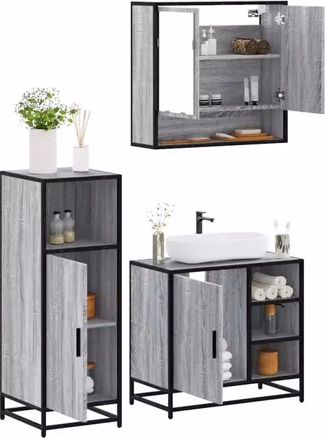 Set Mobili da Bagno 3 pz Grigio Sonoma in Legno Multistrato 3300998