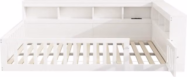 Letto giorno 140x200 cm con rete a doghe, bracciolo con vano contenitore, prese di corrente e USB, bianco