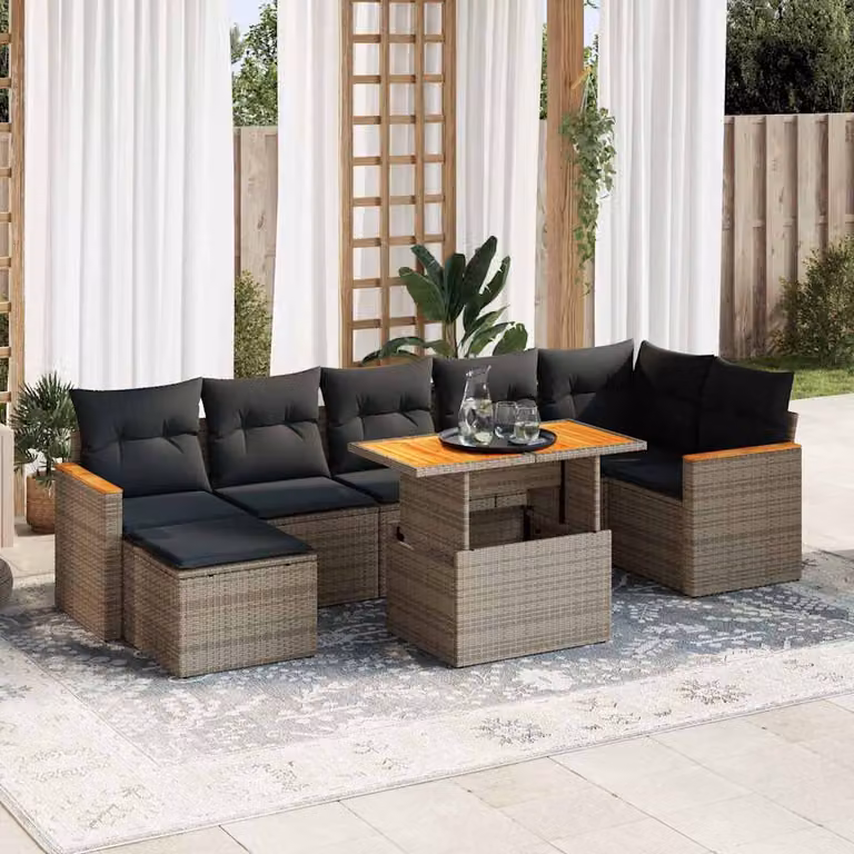 Set Divano da Giardino vidaXL 8pz in Polyrattan e Legno di Acacia con Cuscini Grigio